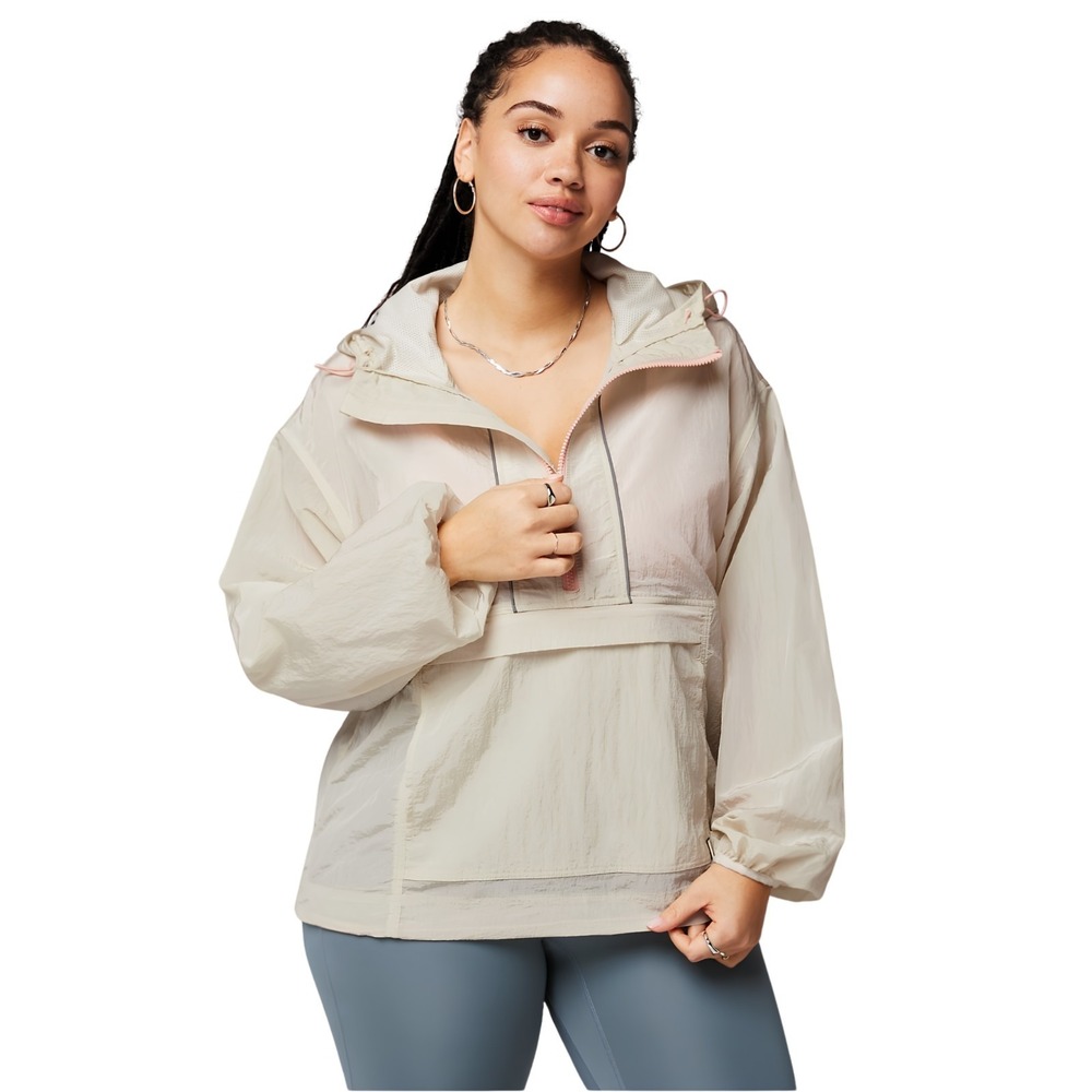 Fabletics Shimmer Windbreaker Jacket SZ S Cream Pink Reflective Water Resistant‎